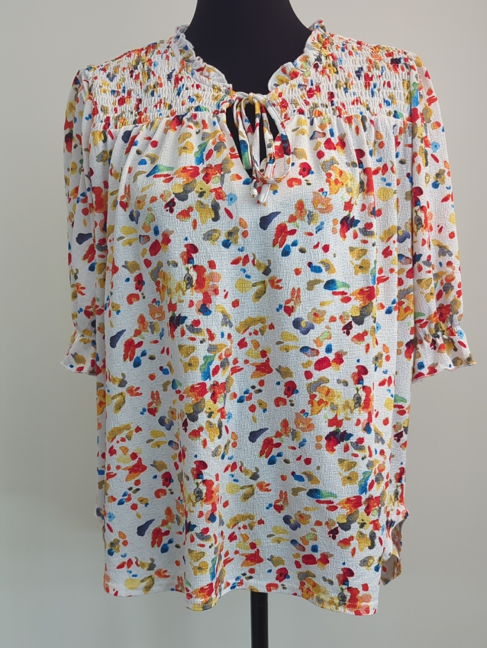 Melloday Watercolor Confetti Dot Smocked Split Neck Blouse Top LARGE